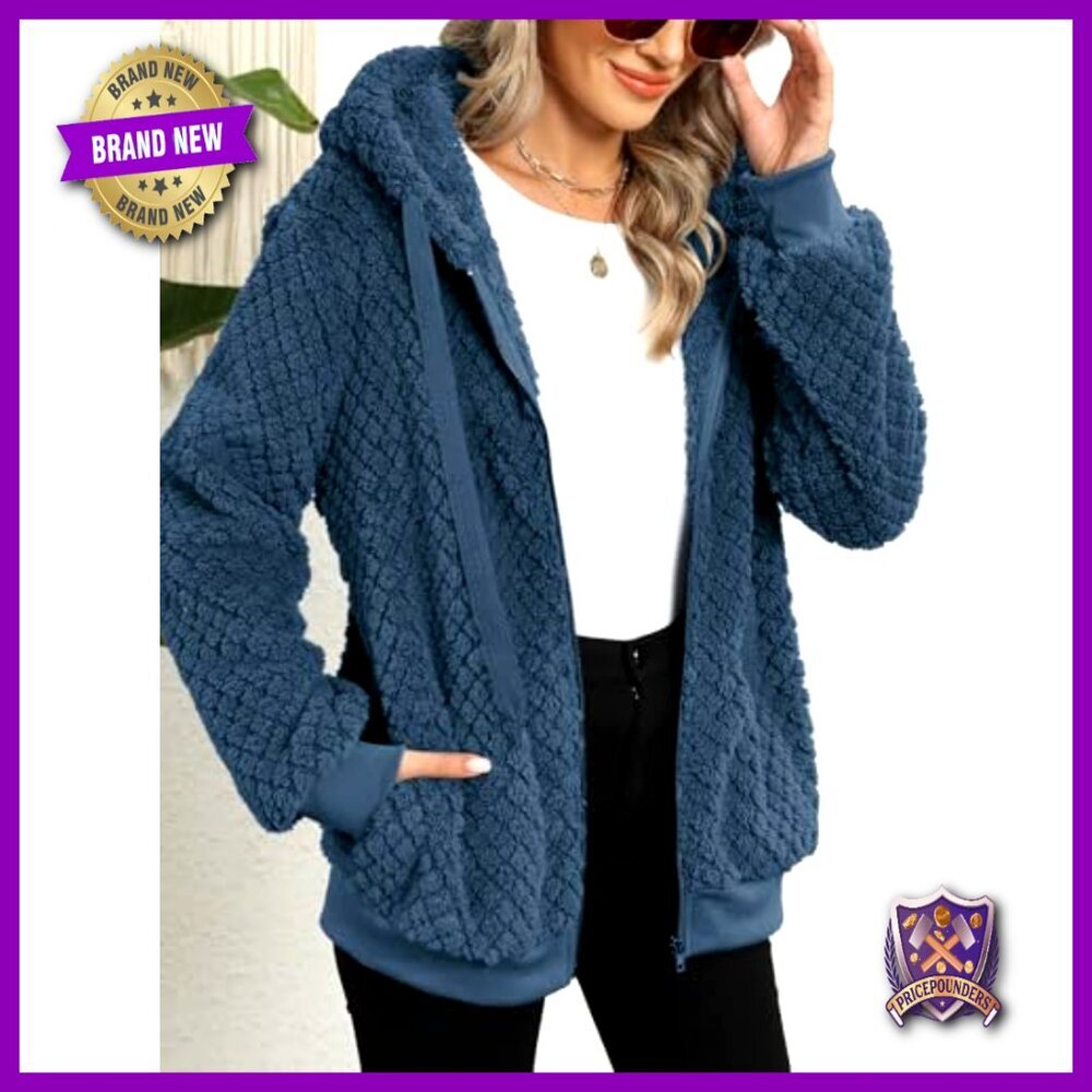 Oversized Sherpa Fleece Jacket Zip Up Hoodie Cozy Warm Fluffy Chic Women - Picture 2 of 6